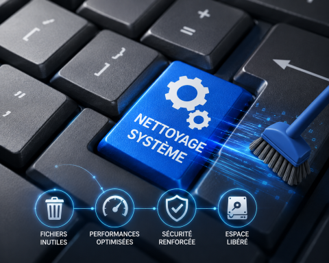 Nettoyage et optimisation de Windows Touche Nettoyage Système symbolisant l’optimisation et l’entretien d’un ordinateur